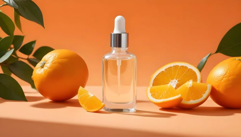 A Glass Bottle Of Orange Colored Facial Serum Or Oil With A Dropper Surrounded By Fresh Orange Slices On A Orange Background 23 9292