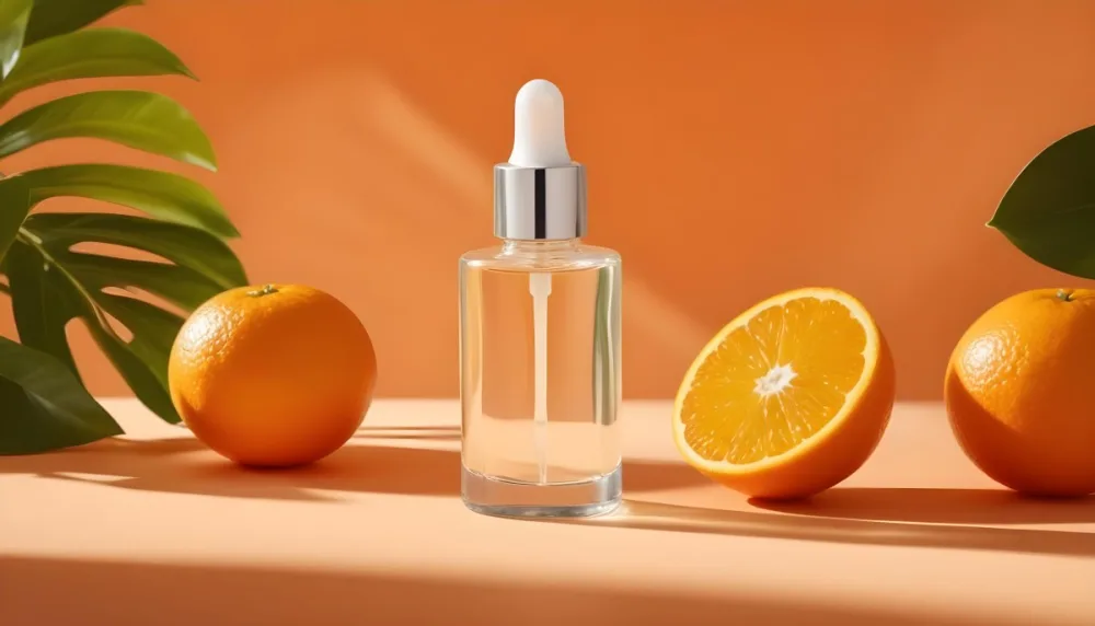 A Glass Bottle Of Orange Colored Facial Serum Or Oil With A Dropper Surrounded By Fresh Orange Slices On A Orange Background 24 D662