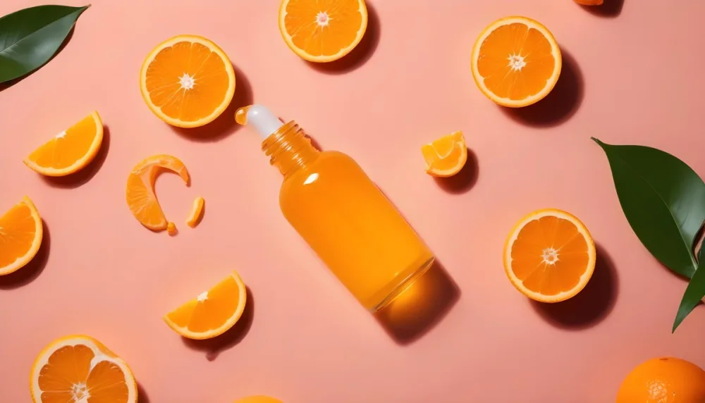 A Glass Bottle Of Orange Colored Facial Serum Or Oil With A Dropper Surrounded By Fresh Orange Slices On A Orange Background 3 83aa
