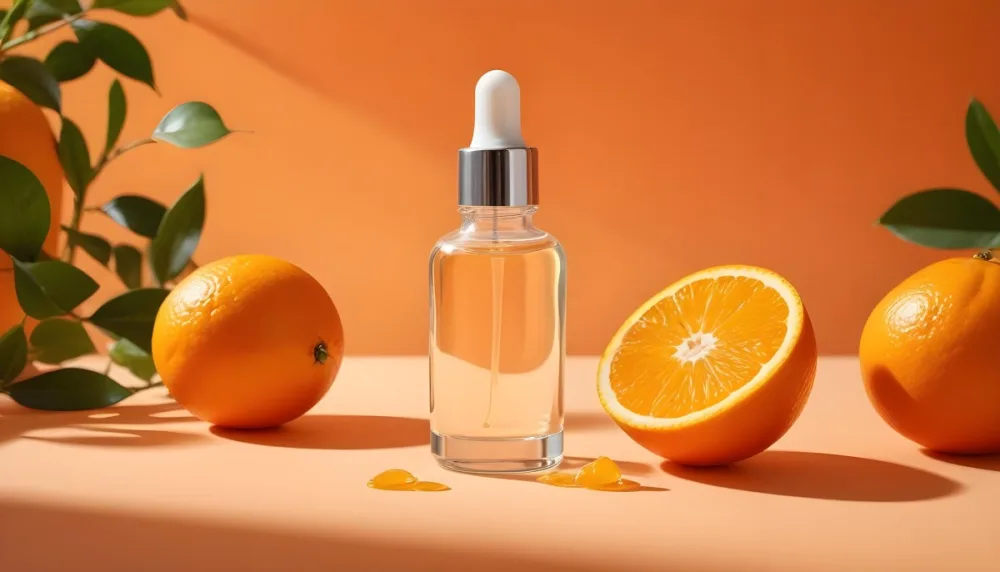 A Glass Bottle Of Orange Colored Facial Serum Or Oil With A Dropper Surrounded By Fresh Orange Slices On A Orange Background 6 5f4c