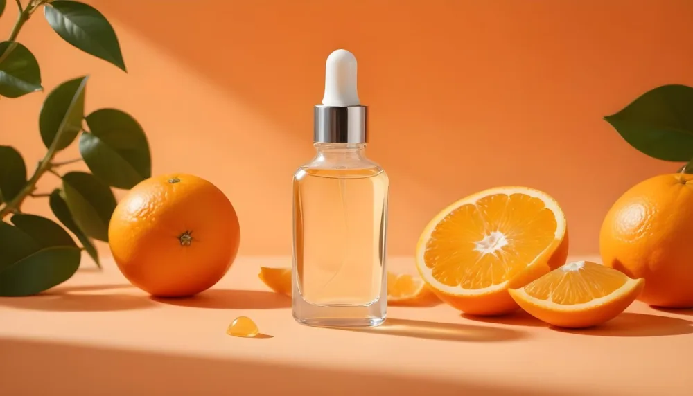 A Glass Bottle Of Orange Colored Facial Serum Or Oil With A Dropper Surrounded By Fresh Orange Slices On A Orange Background 7 2b87