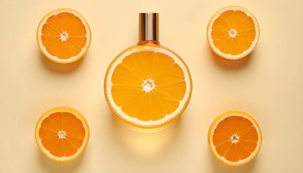 A Glass Bottle Of Orange Essential Oil Surrounded By Fresh Orange Slices On A Light Yellow Background 1 9d82