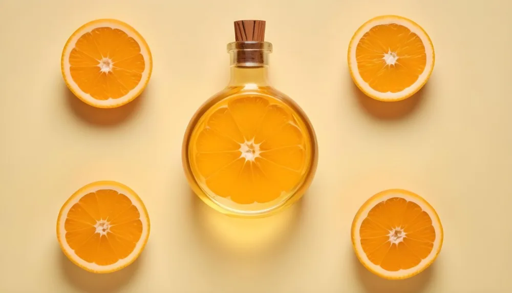 A Glass Bottle Of Orange Essential Oil Surrounded By Fresh Orange Slices On A Light Yellow Background 12 Dfef