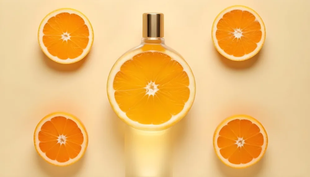 A Glass Bottle Of Orange Essential Oil Surrounded By Fresh Orange Slices On A Light Yellow Background 13 9652