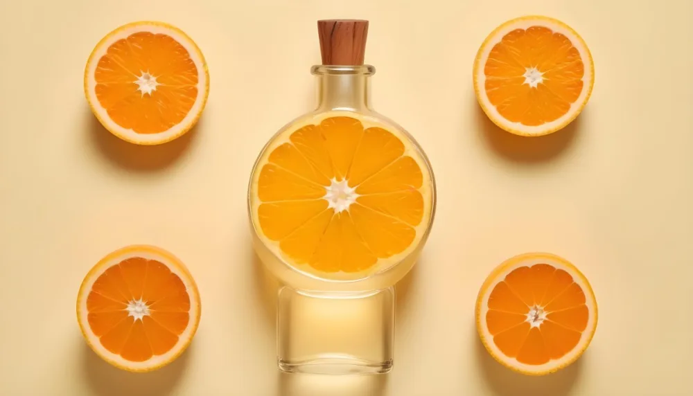 A Glass Bottle Of Orange Essential Oil Surrounded By Fresh Orange Slices On A Light Yellow Background 6 B502
