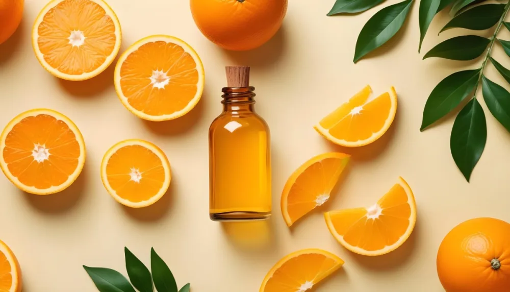 A Glass Bottle Of Orange Essential Oil Surrounded By Fresh Orange Slices On A Light Yellow Background 9 C9c9