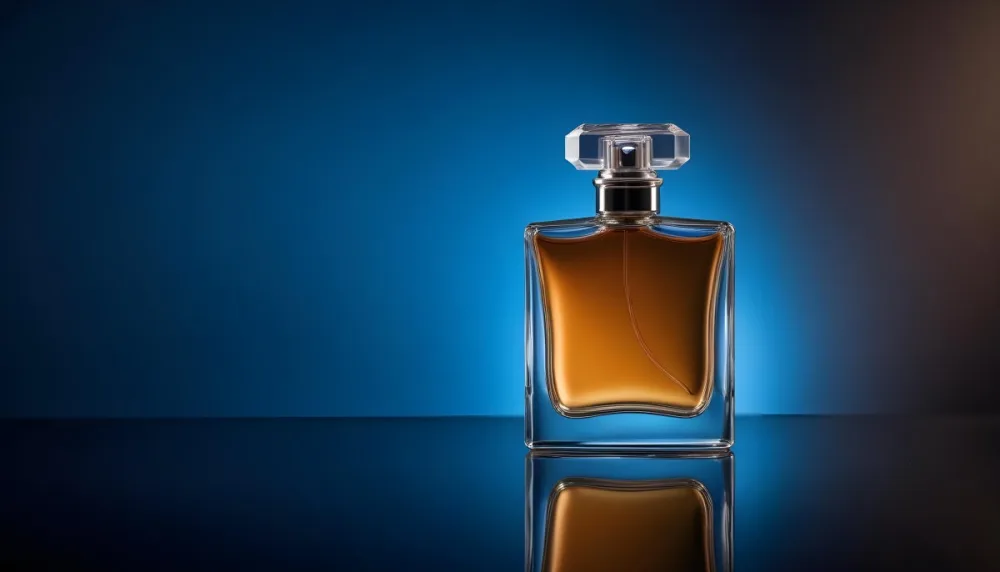 A Glass Bottle Of Perfume On A Reflective Surface With A Blue And Dark Background 1 F369