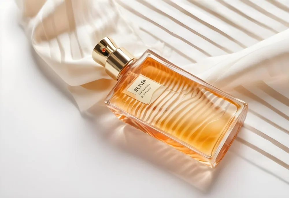 A Glass Bottle Of Perfume On A White Striped Background 39