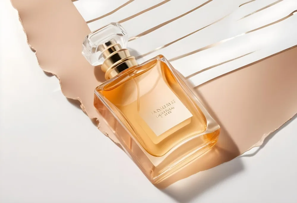 A Glass Bottle Of Perfume On A White Striped Background 4 C725