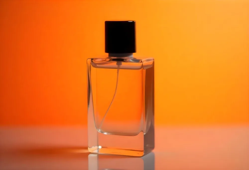 A Glass Bottle Of Perfume Or Cologne On An Orange Background 10 579b