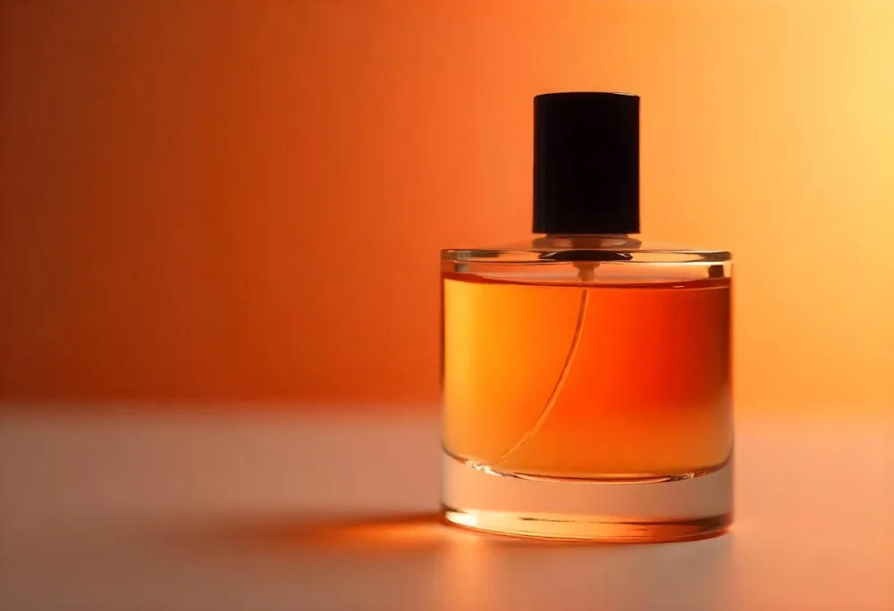A Glass Bottle Of Perfume Or Cologne On An Orange Background 26 F0b6