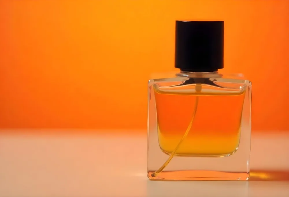 A Glass Bottle Of Perfume Or Cologne On An Orange Background 4