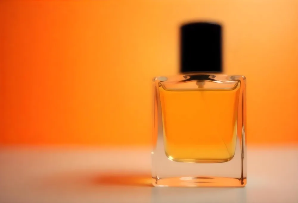 A Glass Bottle Of Perfume Or Cologne On An Orange Background 7 Ae93