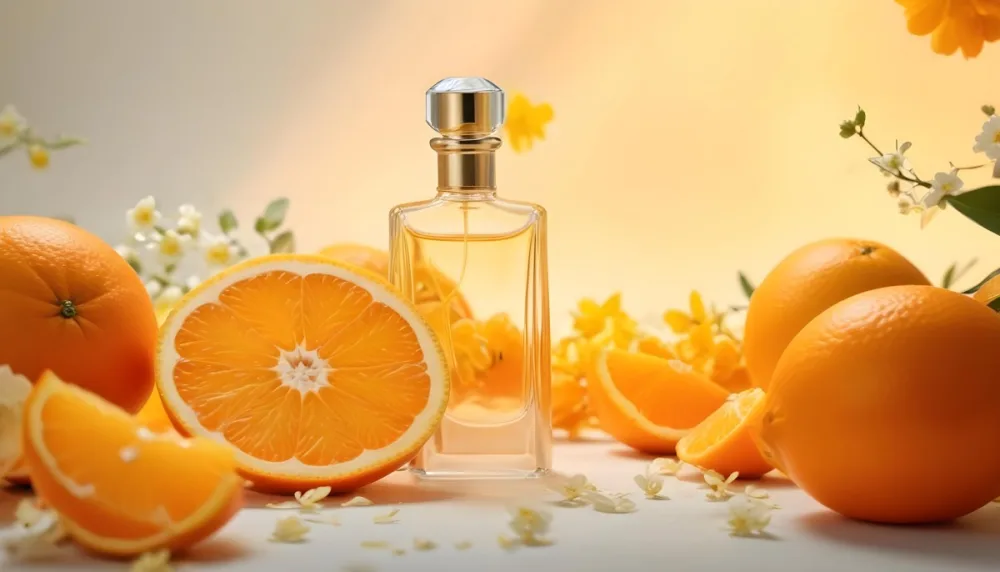 A Glass Bottle Of Perfume Surrounded By Sliced Oranges Yellow Flowers And Other Citrus Fruits On A Light Background 1