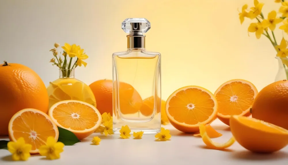 A Glass Bottle Of Perfume Surrounded By Sliced Oranges Yellow Flowers And Other Citrus Fruits On A Light Background 11