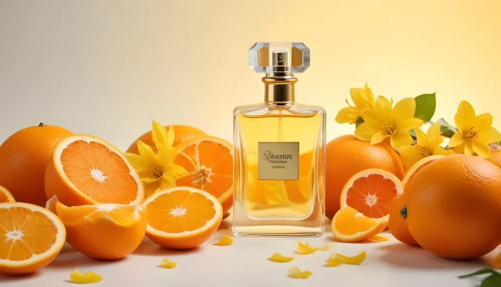 A Glass Bottle Of Perfume Surrounded By Sliced Oranges Yellow Flowers And Other Citrus Fruits On A Light Background 12