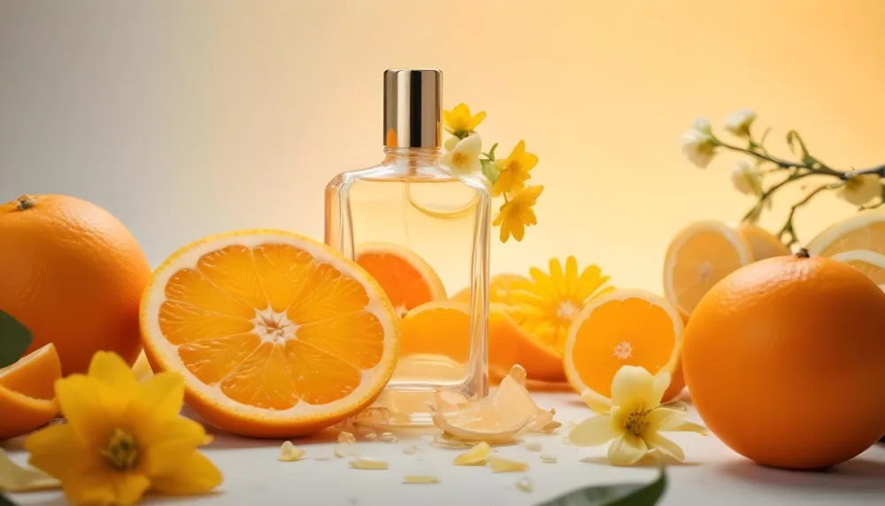 A Glass Bottle Of Perfume Surrounded By Sliced Oranges Yellow Flowers And Other Citrus Fruits On A Light Background 13