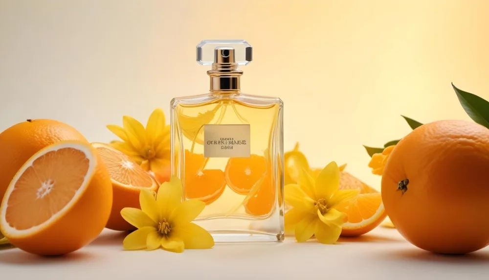 A Glass Bottle Of Perfume Surrounded By Sliced Oranges Yellow Flowers And Other Citrus Fruits On A Light Background 16 D068