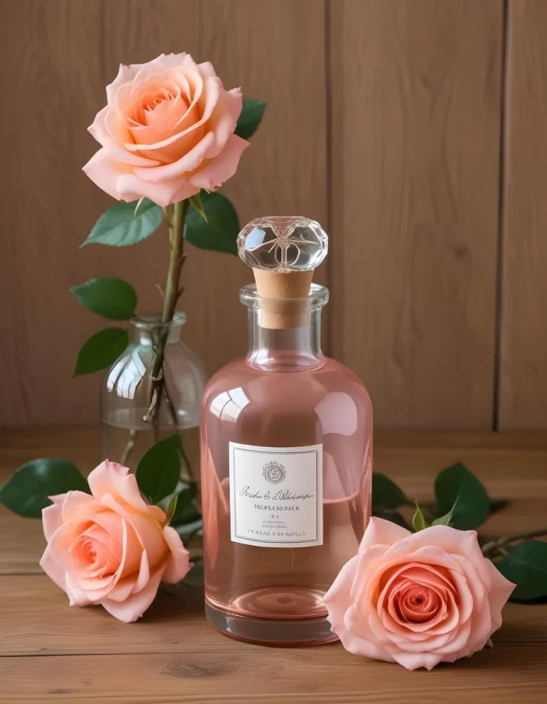 A Glass Bottle Of Pink Gin Surrounded By Pink Roses On A Wooden Surface 1 1f6f