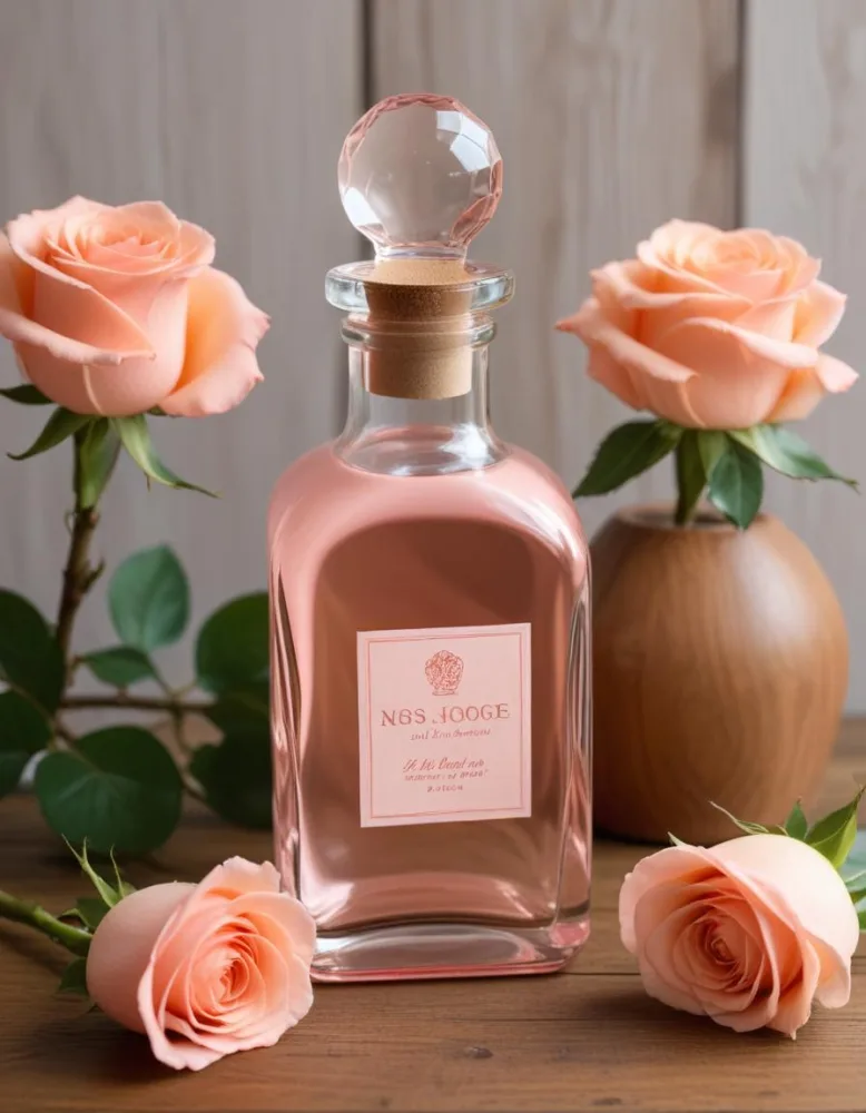 A Glass Bottle Of Pink Gin Surrounded By Pink Roses On A Wooden Surface 1 43c9