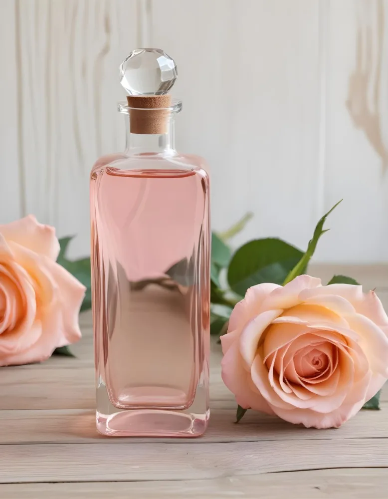 A Glass Bottle Of Pink Gin Surrounded By Pink Roses On A Wooden Surface 4 F13a