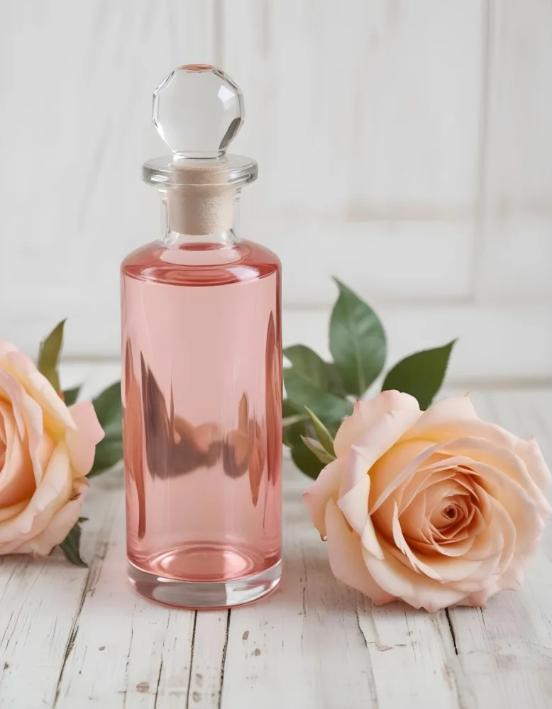 A Glass Bottle Of Pink Gin Surrounded By Pink Roses On A Wooden Surface 5 11d0