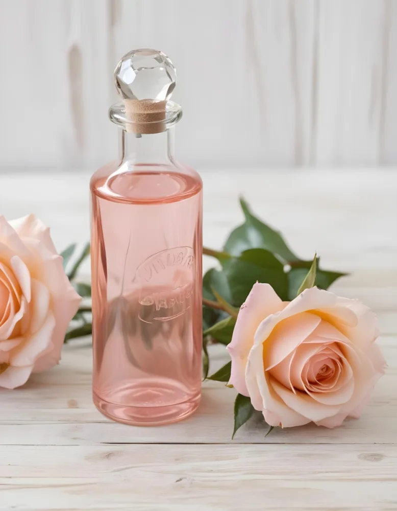 A Glass Bottle Of Pink Gin Surrounded By Pink Roses On A Wooden Surface 7 4077
