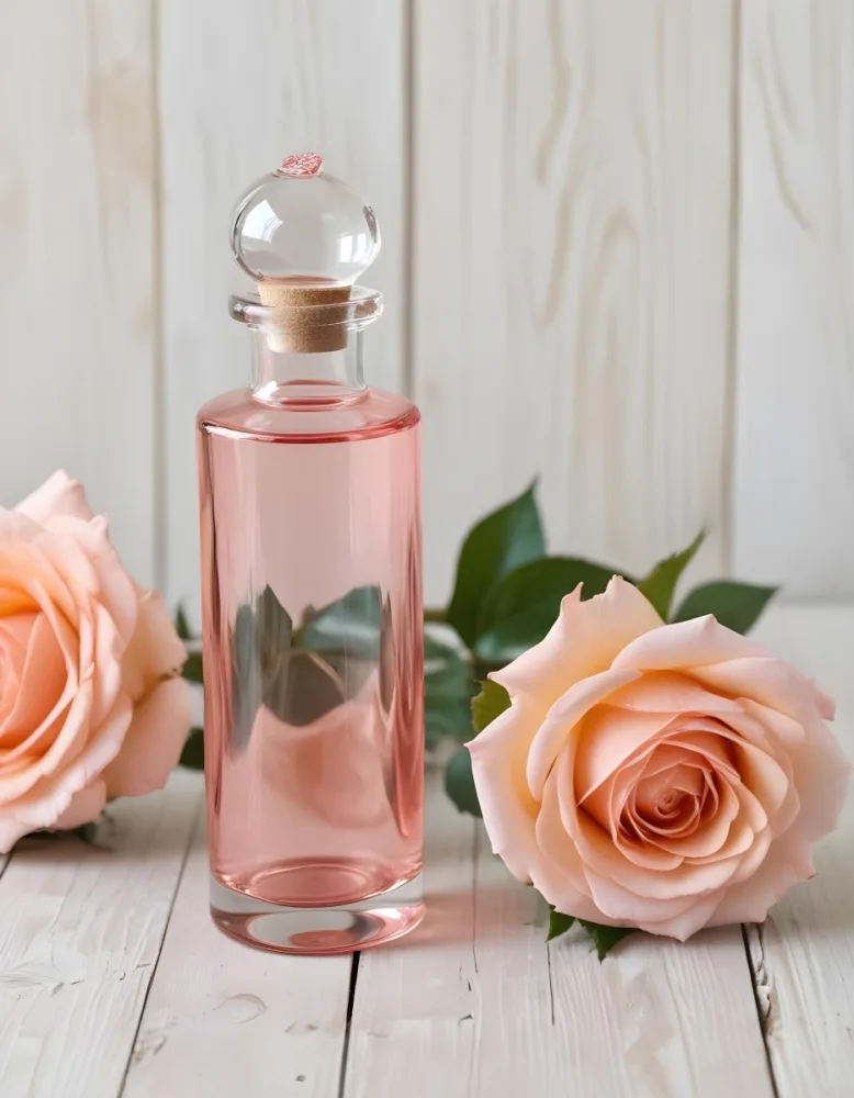 A Glass Bottle Of Pink Gin Surrounded By Pink Roses On A Wooden Surface 9 100a