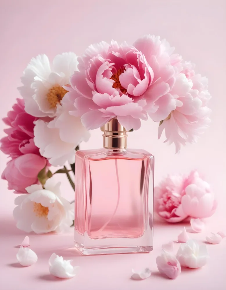 A Glass Bottle Of Pink Perfume Surrounded By Pink And White Flowers Likely Peonies Or Roses On A Light Pink Background 1 0575