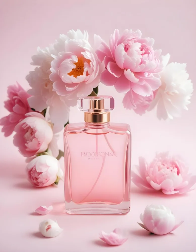 A Glass Bottle Of Pink Perfume Surrounded By Pink And White Flowers Likely Peonies Or Roses On A Light Pink Background 10 5f03
