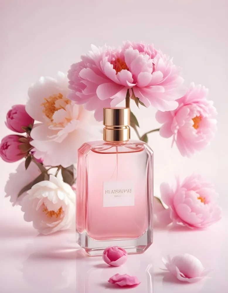 A Glass Bottle Of Pink Perfume Surrounded By Pink And White Flowers Likely Peonies Or Roses On A Light Pink Background 13 D691