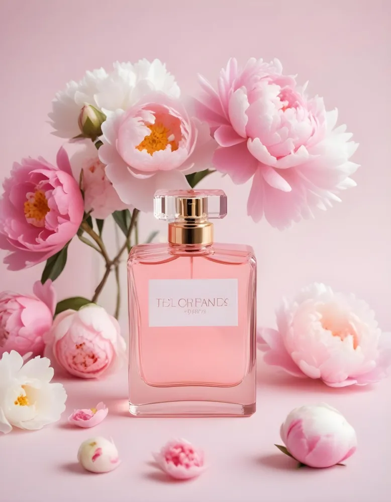 A Glass Bottle Of Pink Perfume Surrounded By Pink And White Flowers Likely Peonies Or Roses On A Light Pink Background 15 78a6