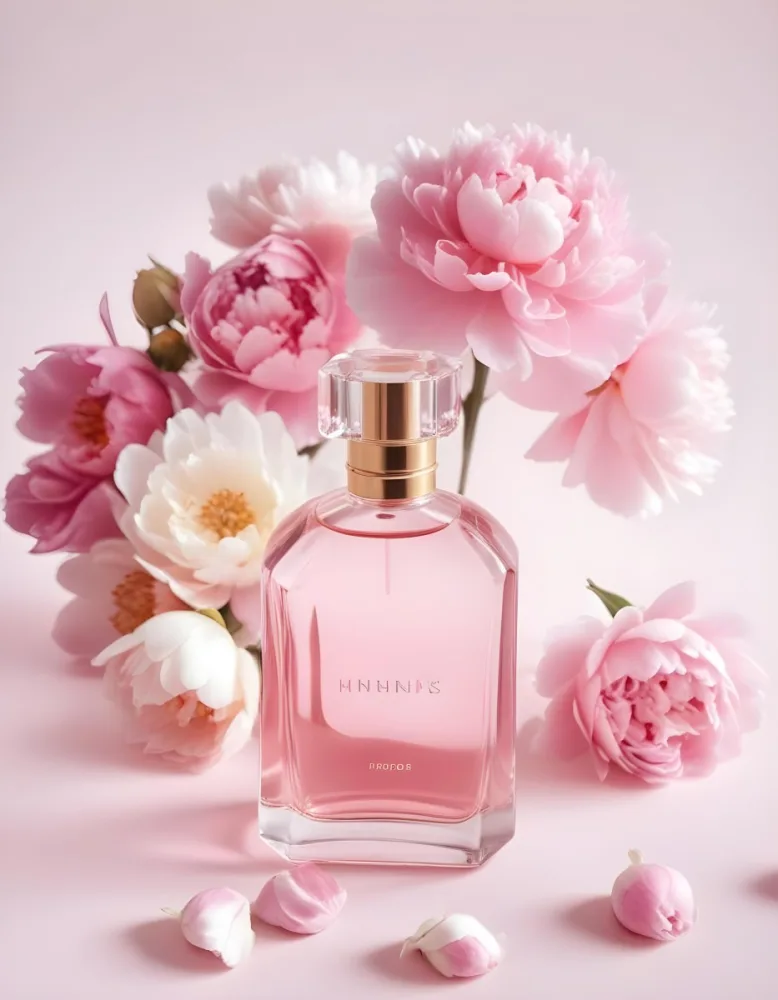 A Glass Bottle Of Pink Perfume Surrounded By Pink And White Flowers Likely Peonies Or Roses On A Light Pink Background 18 05be