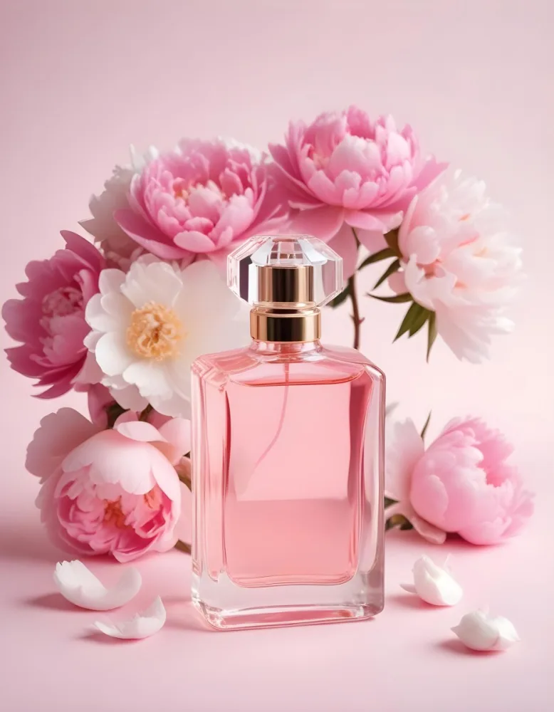 A Glass Bottle Of Pink Perfume Surrounded By Pink And White Flowers Likely Peonies Or Roses On A Light Pink Background 2 1a9d