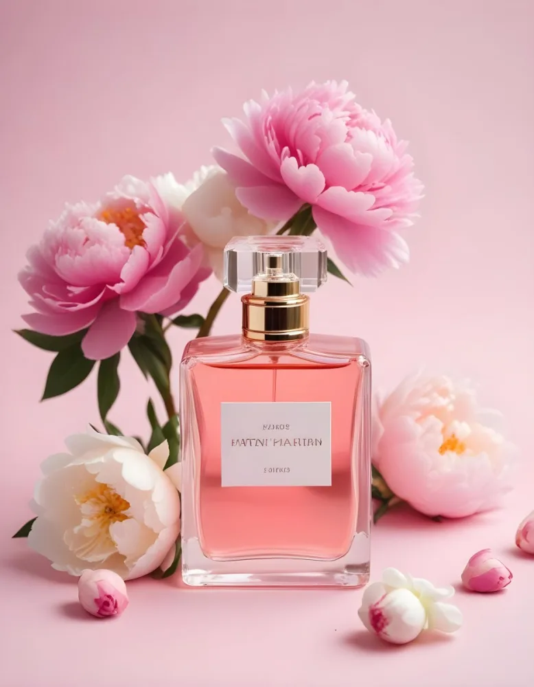 A Glass Bottle Of Pink Perfume Surrounded By Pink And White Flowers Likely Peonies Or Roses On A Light Pink Background 20 B803