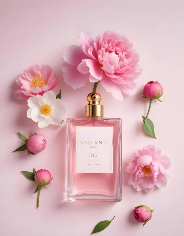 A Glass Bottle Of Pink Perfume Surrounded By Pink And White Flowers Likely Peonies Or Roses On A Light Pink Background 21 3014