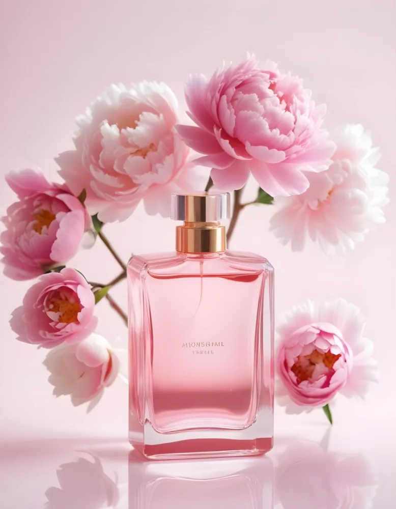 A Glass Bottle Of Pink Perfume Surrounded By Pink And White Flowers Likely Peonies Or Roses On A Light Pink Background 22 5899