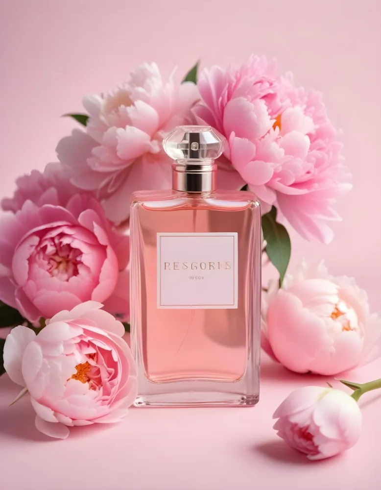 A Glass Bottle Of Pink Perfume Surrounded By Pink And White Flowers Likely Peonies Or Roses On A Light Pink Background 6