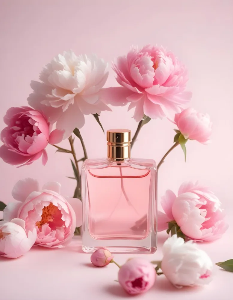 A Glass Bottle Of Pink Perfume Surrounded By Pink And White Flowers Likely Peonies Or Roses On A Light Pink Background 7 4abd