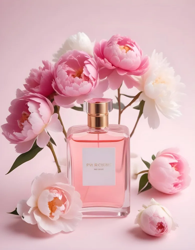 A Glass Bottle Of Pink Perfume Surrounded By Pink And White Flowers Likely Peonies Or Roses On A Light Pink Background 8 D727