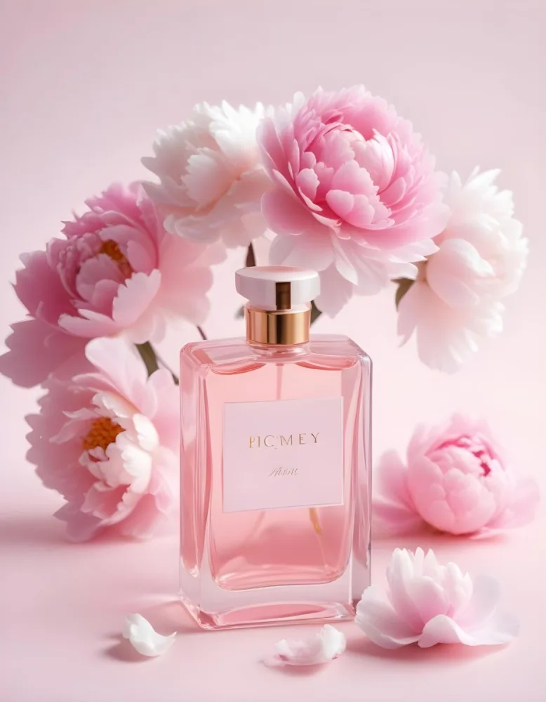 A Glass Bottle Of Pink Perfume Surrounded By Pink And White Flowers Likely Peonies Or Roses On A Light Pink Background 9 1575