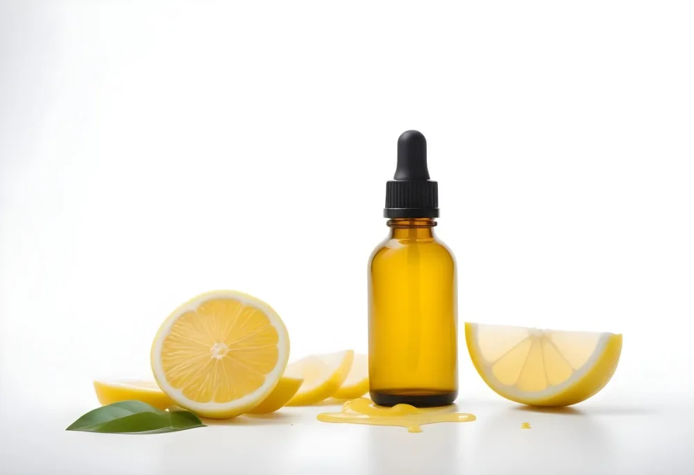 A Glass Bottle Of Yellow Liquid With A Dropper Surrounded By Sliced Lemons On A White Background 1 959d