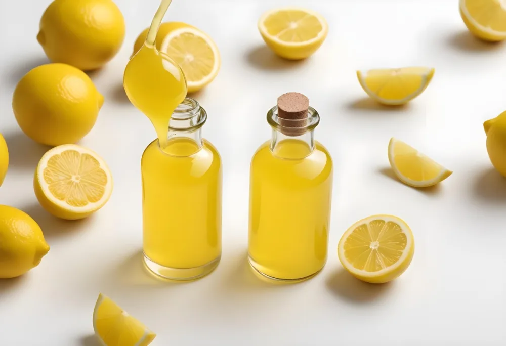 A Glass Bottle Of Yellow Liquid With A Dropper Surrounded By Sliced Lemons On A White Background 16 Bd93
