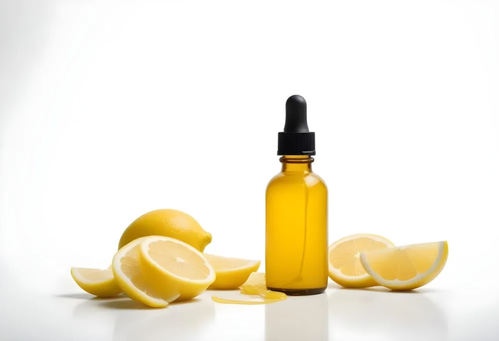 A Glass Bottle Of Yellow Liquid With A Dropper Surrounded By Sliced Lemons On A White Background 17 C0ae