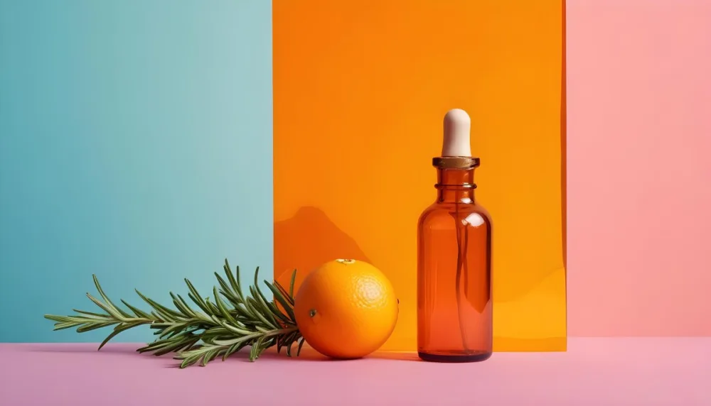 A Glass Bottle With A Dropper A Orange And A Sprig Of Rosemary On A Pink And Orange Background 11 3ff0