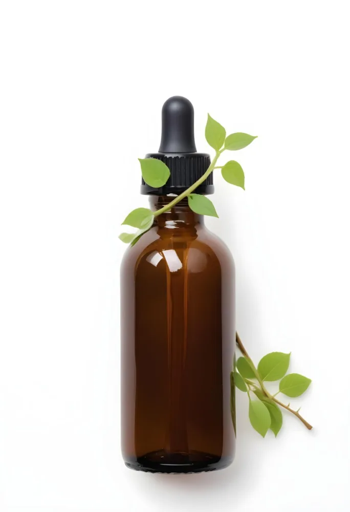 A Glass Bottle With A Dropper And Fresh Green Leaves Against A White Background 6 671f