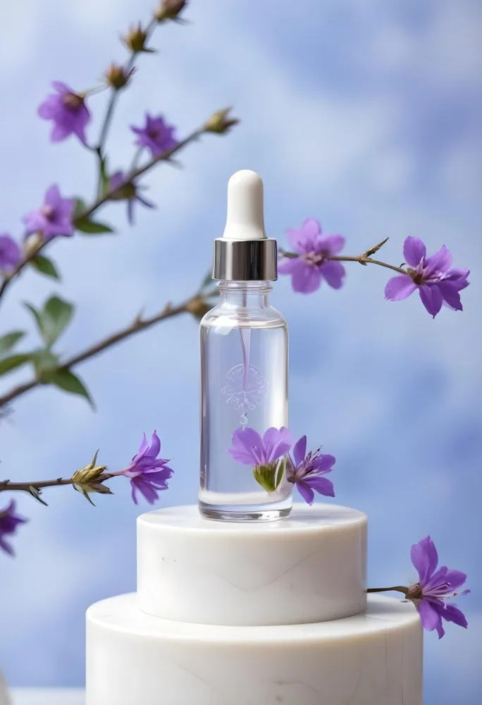 A Glass Bottle With A Dropper Filled With A Purple Flower Surrounded By More Purple Flowers In The Background 15 B2d3