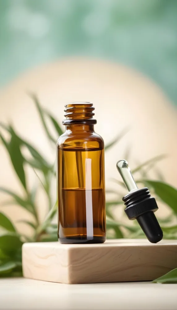 A Glass Bottle With A Dropper Filled With Amber Colored Liquid Surrounded By Green Leaves 6 Fe03