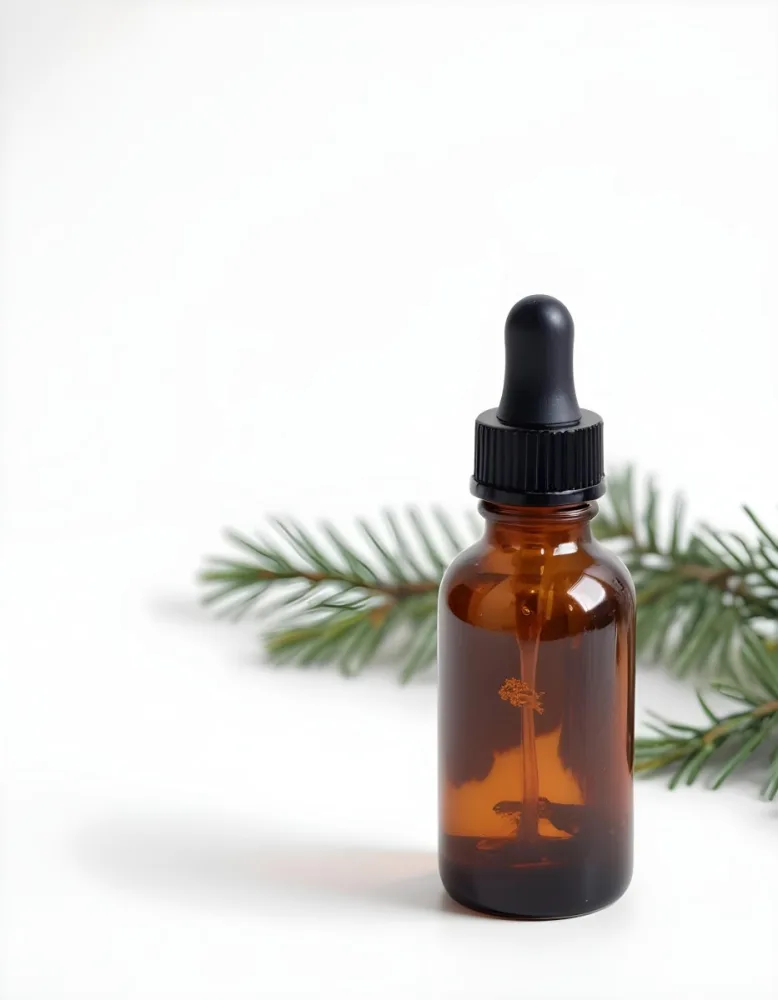 A Glass Bottle With A Dropper Filled With Amber Colored Liquid Surrounded By Pine Tree Branches On A White Background 3 Ffdc