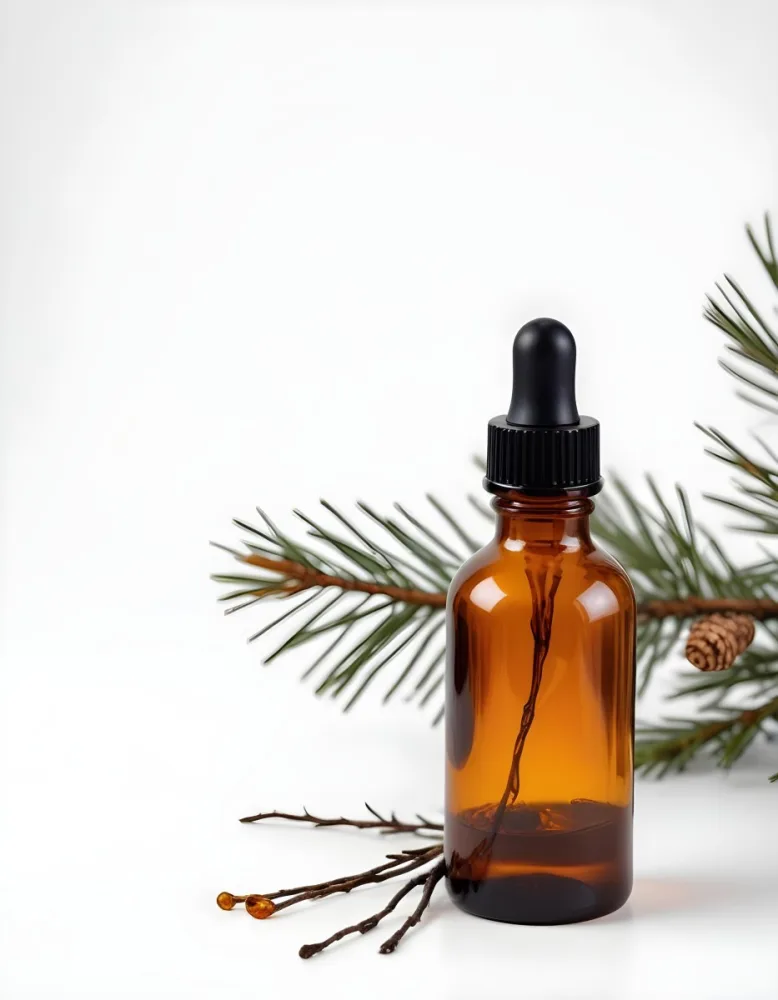 A Glass Bottle With A Dropper Filled With Amber Colored Liquid Surrounded By Pine Tree Branches On A White Background 4